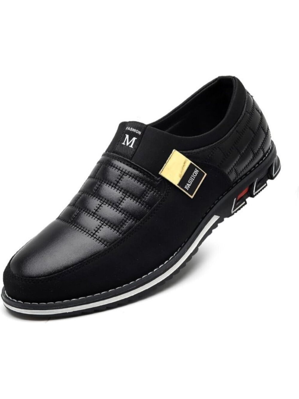 Men's Black Plaid Grid Gold Hardware Slip-on Business Loafer Leather Dress Shoes